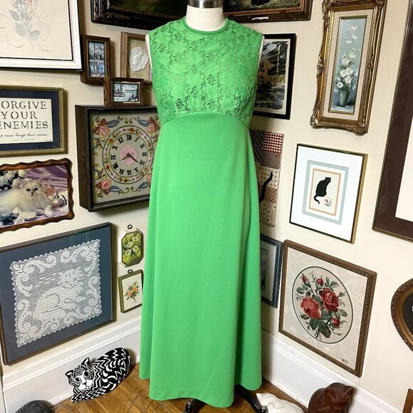 70s Vintage Kelly Green High Waist Sleeveless Polyester Dress with Lace Jacket - Picture 5 of 9